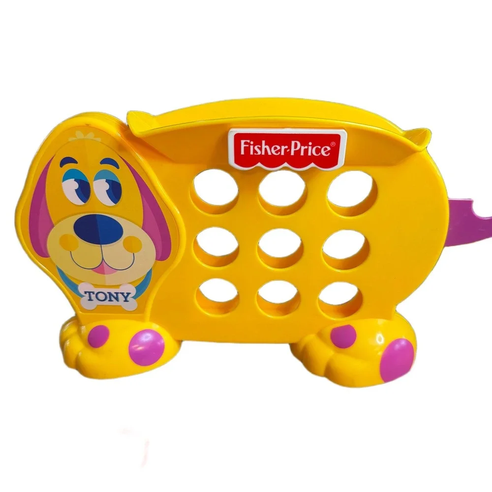 Fisher-Price Tony the Dog Coin Bank Yellow Puppy Toy with 11 Red Blue Coins